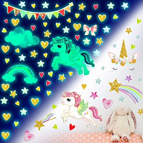4 Sheets Unicorn Glow in The Dark Sticker for Ceiling, Large Unicorn and Rainbow Wall Sticker Set for Kids with Stars Moon Roses Unicorn Bedroom Decor Unicorn Wall Stickers for Kids