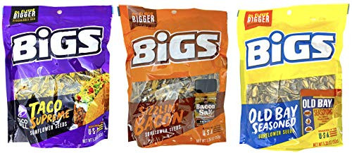 Bigs Sunflower Seeds Variety Pack of 3 - Taco Supreme, Sizzlin' Bacon, Old Bay Seasoning Sunflower Seeds 5.35 Ounces Bigs Sunflower Seeds Variety Pack of 3 - Taco Supreme, Sizzlin' Bacon, Old Bay Seasoning Sunflower Seeds 5.35 Ounces