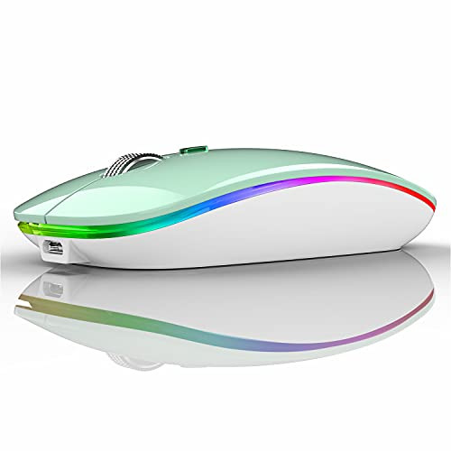 LED Wireless Mouse, G12 Slim Rechargeable Wireless Silent Mouse, 2.4G Portable USB Optical Wireless Computer Mice with USB Receiver and Type C Adapter -Mint Green-