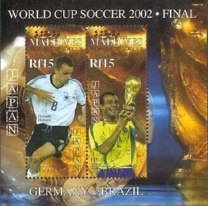 2002 World Cup Soccer in Korea-Japan, Germany vs Brazil, Collectible Souvenir Sheet of 2 Stamps, Mint Never Hinged