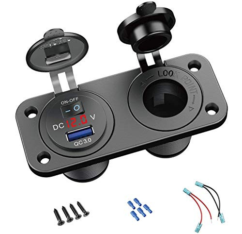QC3.0 Cigarette Lighter Socket Splitter, 12V USB Charger Waterproof Power Socket with Switch and Voltmeter LED Display for Rocker Switch Panel on Car Boat Marine RV, etc