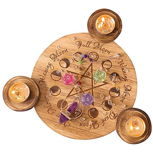 goforwealth Tarot Candle Holder,Wooden Hand Carved Tripple Moon Durable Unique Pentagram Tea Light Candle Holder