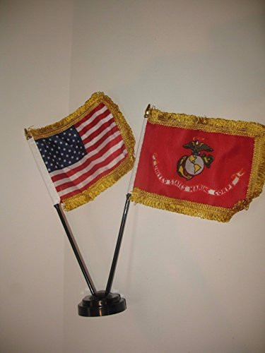 Moon US EGA Fringe USA America American Gold Fringe Flag 4"x6" Desk Set Black Base Vivid Color and UV Fade Resistant Canvas Header and Polyester Material