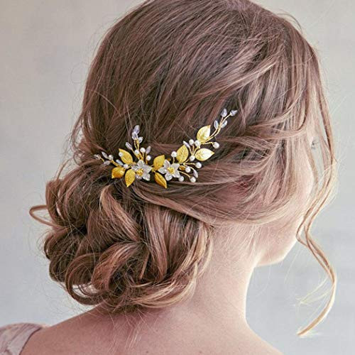 Aukmla Leaf Bride Wedding Hair Combs Flower Bridal Hair Piece Pearl Rhinestone Hair Accessories for Women and Girls -Pack of 2- -Gold-