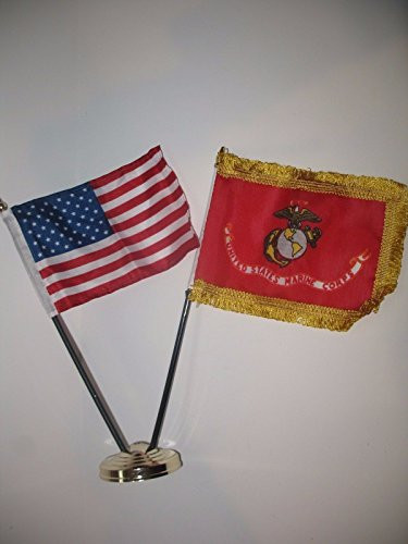 US EGA Marines Gold Fringe USA America American Flag 4"x6" Desk Set Gold Base Vivid Color and UV Fade Resistant Canvas Header and polyester material