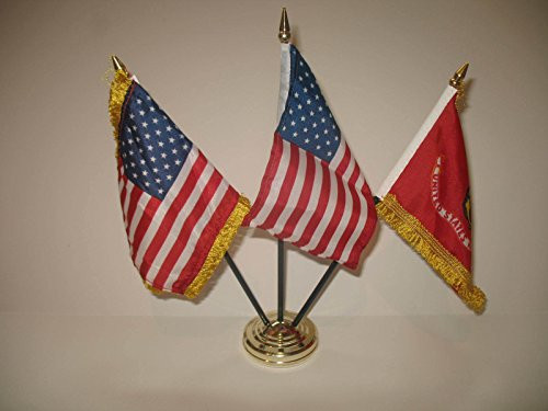 Moon USA Gold Fringe American EGA Fringe 3 Flags 4"x6" Desk Set Gold Base Vivid Color and UV Fade Resistant Canvas Header and Polyester Material