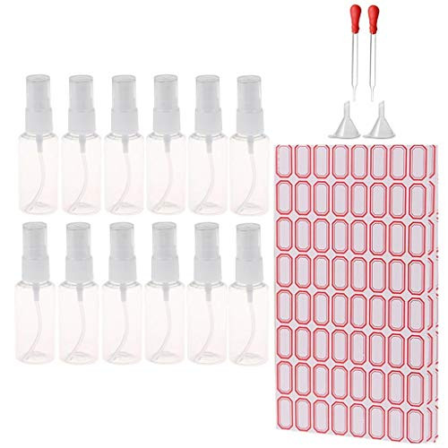 12 Pcs 50ML Spray Bottles Clear Atomizers Travel Plastic Bottle Spray Fine Mist Refillable Perfume Containers Empty Sample Bottle With 2 Pcs Plastic Funnels,2 Pcs Glass Droppers and 3 Sheets Free Labels