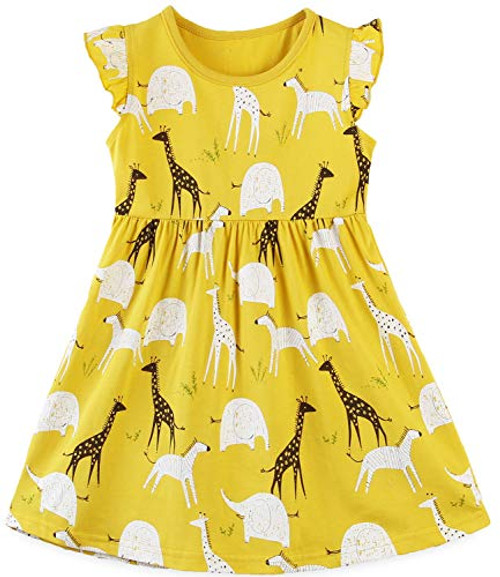 Toddler Girls Cotton Summer Yellow Dresses,Lemon Giraffe and Elephant Short Sleeve Casual Tunic Size 7