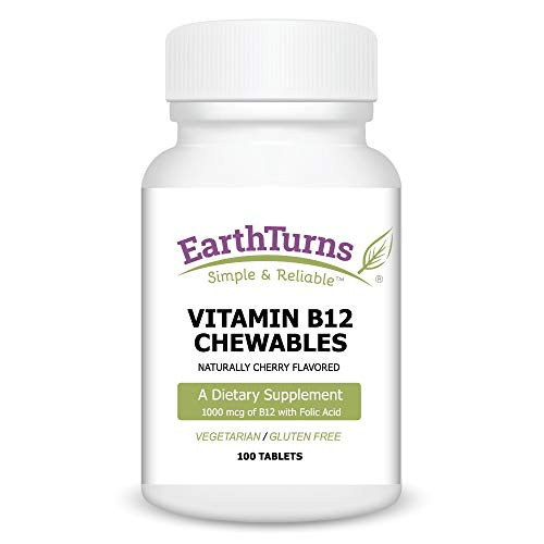 EarthTurns Vitamin B12 Chewables, Containing 1000 mcg B12 and Folic Acid, 100 Tablets