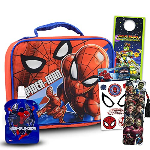 Marvel Spiderman Lunch Bag School Supplies Bundle ~ Spiderman Lunch Box Set For Boys, Kids With Stickers, Water, Pouch, Avengers Bookmark And More -Superhero School Lunch-