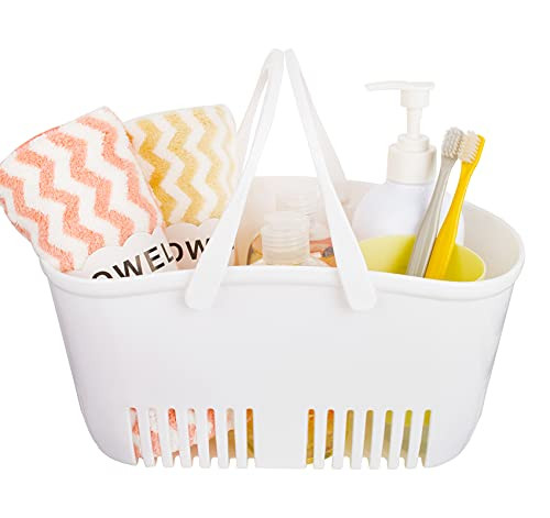 rejomiik Shower Caddy Basket, Portable Shower Tote, Plastic Organizer Storage Basket with Handle/Drainage Toiletry Bag Bin Box for Bathroom, College Dorm Room Essentials, Kitchen, Camp, Gym - White