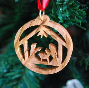 Olive Wood Holy Family in Stable Christmas Ornament - Fair Trade  and  Handmade by Zuluf Store