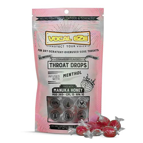 Vocal Eze Manuka Honey Strawberry UMF 10 plus -MGO 265 plus- Menthol Cough Drops -20- | Lozenges to Relieve Sore, Hoarse, Fatigue, Dryness of Throat | Voice Support, All Natural and Organic Ingredients Vocal Eze Manuka Honey Strawberry UMF 10 plus -MGO 265 plus- Menthol Cough Drops -20- | Lozenges to Relieve Sore, Hoarse, Fatigue, Dryness of Throat | Voice Support, All Natural and Organic Ingredients