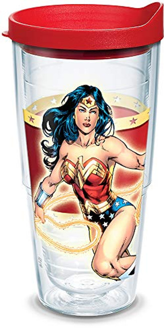 Tervis 1084013 DC Comics-Wonder Woman Insulated Tumbler with Wrap and Red Lid, 24oz, Clear