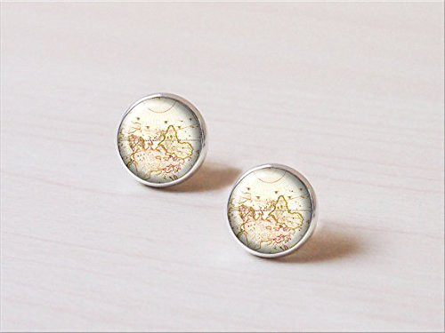 Vintage Map, Map earring, Antique world map,Silver Earring stud, Earring clip?Globe Earth Earrings, Gift For Her, World Map Jewelry