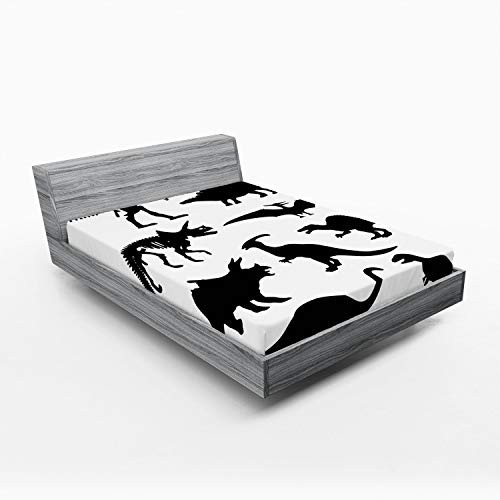 Ambesonne Dinosaur Fitted Sheet, Prehistoric Skeleton Bone Black Silhouettes of Different Wild Dinosaurs, Soft Decorative Fabric Bedding All-Round Elastic Pocket, Full Size, Charcoal White
