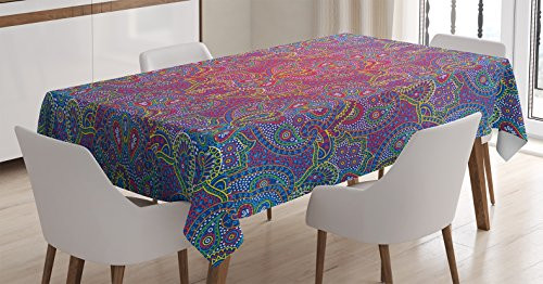 Ambesonne Ethnic Tablecloth, Boho Paisley Pattern with Elements Cultural Themed Art, Rectangular Table Cover for Dining Room Kitchen Decor, 52" X 70", Indigo Yellow
