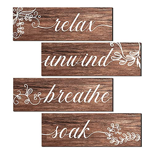 4 Pieces Bathroom Wall Decor Relax Unwind Breathe Soak Signs Rustic Wooden Signs Farmhouse Bathroom Wall Arts Vintage Wooden Decorations for Home Bathroom -brown wood-