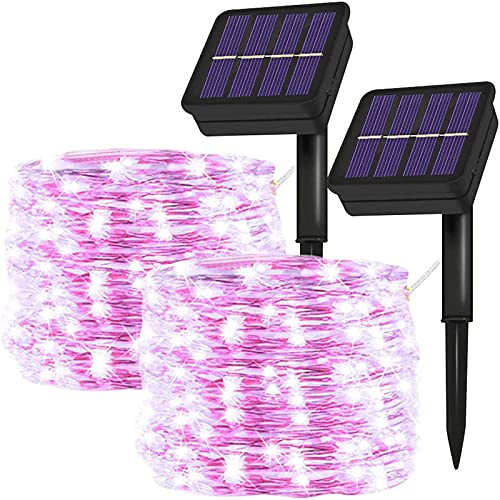 Solar String Lights Outdoor,2-Pack Each 33FT 100 LED Solar Powered Fairy Lights with 8 Lighting Modes Waterproof Fairy Christmas Decorative Lights for Garden,Wedding, Homes, Party,Patio-Pink-