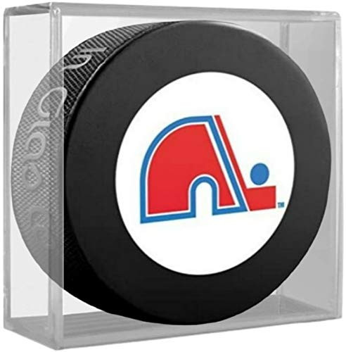 Inglasco Quebec Nordiques Logo Souvenir Hockey Puck -in Display Cube-