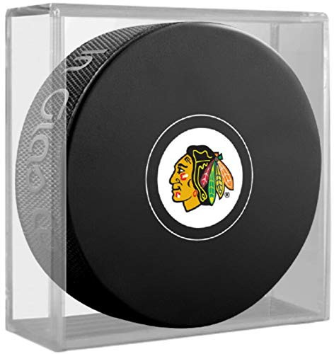 Inglasco Blackhawks Autograph Logo Souvenir Hockey Puck -in Display Cube-