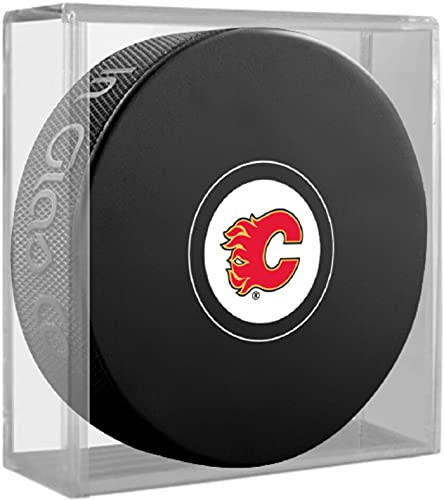 Inglasco Flames Autograph Logo Souvenir Hockey Puck -in Display Cube-