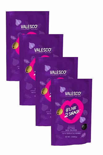 Valesco Gourmet Olives, O'Live 2 Snack, Pitted Mix Olives with Garlic  and  Herbs, 3 oz -Pack of 4-
