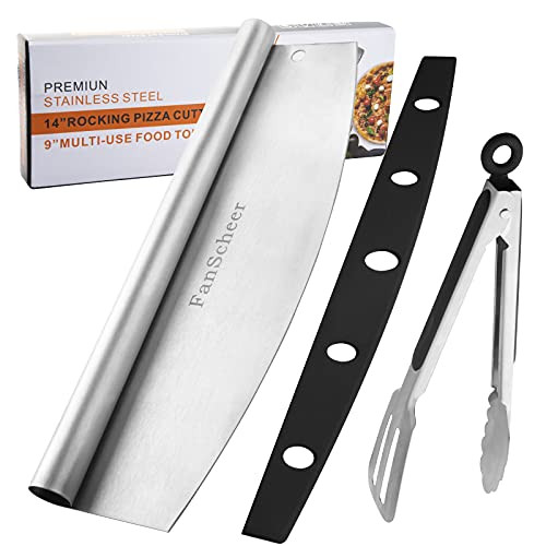 14 inch Pizza Cutter Rocker Slicer with Protective Cover, Pizza Chopper Accessories Set of Sharp Blade, Premium Stainless Steel Pizza Knife Tools for Kitchen, Pizza Cutter  plus Clip
