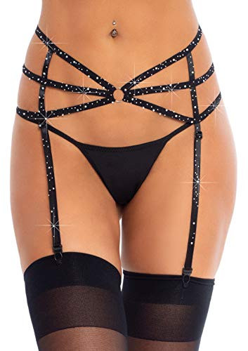 Leg Avenue Women's Elastic Rhinestone O-Ring Detail Cage Strap Sparkling Garter Belt Lingerie Bottoms, One Size