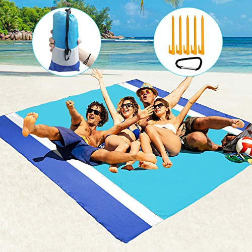 Beach Blanket,Beach Mat Waterproof Sandproof Oversized Beach Mat 79" X 82" Suitable for 4-7 Adults, Picnic Blanket with 4 Stakes ,Portable Outdoor Picnic Mat for Travel, Camping, Hiking