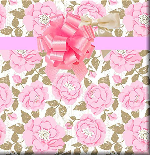 Cottage Rose Pink and Kraft Gift Wrap Wrapping Paper-12ft Folded Sheet w. 10 Multi Color Gift Tags