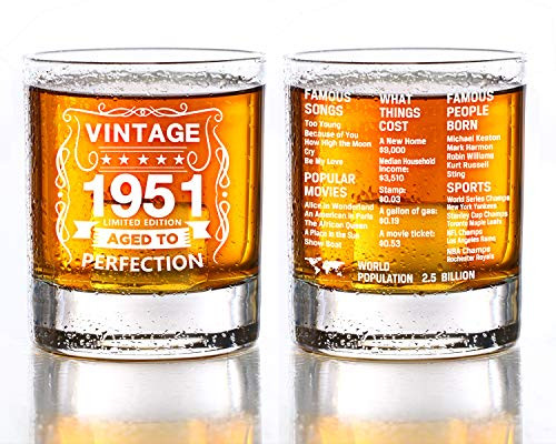 Old Fashioned Glasses-1951-Vintage 1951 Old Time Information 10.25oz Whiskey Rocks Glass -70th Birthday Aged to Perfection - 70 Years Old Gifts Bourbon Scotch Lowball Old Fashioned-1PCS Old Fashioned Glasses-1951-Vintage 1951 Old Time Information 10.25oz Whiskey Rocks Glass -70th Birthday Aged to Perfection - 70 Years Old Gifts Bourbon Scotch Lowball Old Fashioned-1PCS