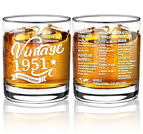 Old Fashioned Glasses-1951-Vintage 1951 Old Time Information 10.25oz Whiskey Rocks Glass -70th Birthday Aged to Perfection - 70 Years Old Gifts Bourbon Scotch Lowball Old Fashioned-1PACK Old Fashioned Glasses-1951-Vintage 1951 Old Time Information 10.25oz Whiskey Rocks Glass -70th Birthday Aged to Perfection - 70 Years Old Gifts Bourbon Scotch Lowball Old Fashioned-1PACK