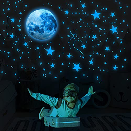 Atcarmor Glow in The Dark Stars for Ceiling Moon Stickers, Stars for Ceiling Glow in The Dark Stickers Wall Decals, Ceiling Stars Glow in The Dark Decorations for Bedroom Kids Living Room -Blue-