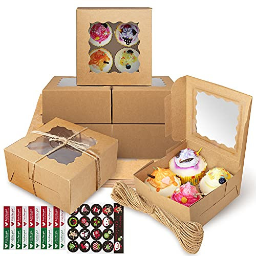 20pcs Bakery Boxes with Window - Iduola Brown Cookies Boxes Small Natural Cupcake Box for Muffins, Donuts and Pastries 6x6x3 Inch