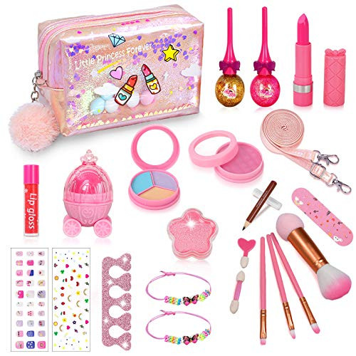 SunnyMemory Real Kids Makeup kit for Girls, 22PCS Non-Toxic Washable Kids Makeup Toy Set for Princess Little Girls Toddlers for Halloween Christmas Birthday Party Play Game Pink