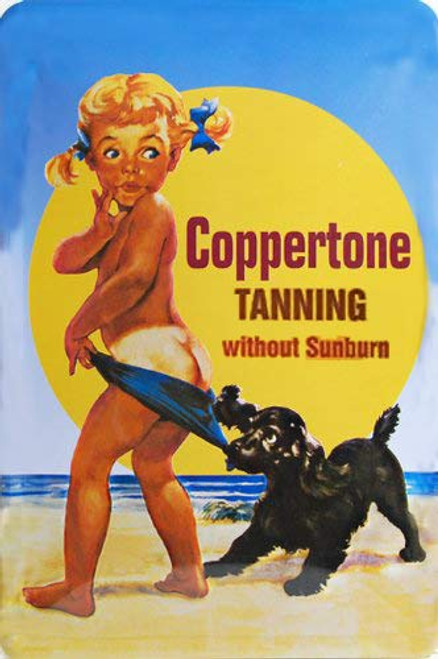 New Vintage Retro Metal Tin Sign Coppertone Tanning Without Suntan Funny Little Girl with Dogs Outdoor Street  and  Home Bar Club Kitchen Restaurant Wall Art Decor Plaque Signs 12X8Inch