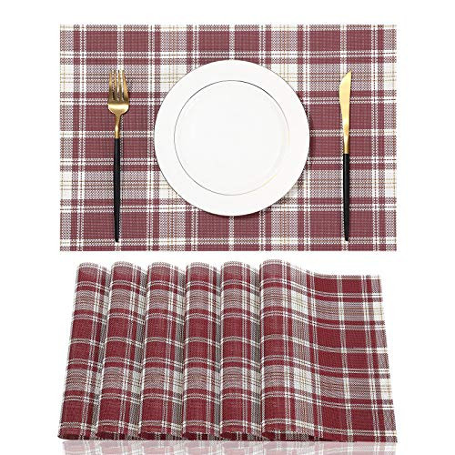 Luckin Tian Plastic Farmhouse Vinyl Woven Placemats for Dining Table Set of 6 Washable Heat Resistant Modern with Lattice Non-Slip Place Mats Indoor for Kitchen Table Dining Room PVC Table Mats Red