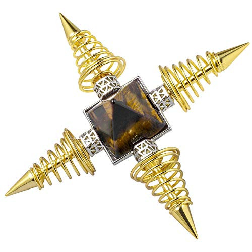 mookaitedecor Tiger's Eye Pyramid Healing Crystal Stone Energy Generator with 4 Spiral Copper Points for Reiki Balancing Meditation, Gold Plated mookaitedecor Tiger's Eye Pyramid Healing Crystal Stone Energy Generator with 4 Spiral Copper Points for Reiki Balancing Meditation, Gold Plated