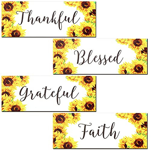 4 Pieces Sunflowers Welcome Decor Wooden Sign Front Porch Decor 10 x 4 Inches Grateful Thankful Blessed Faith Sunflower Front Door Decor Home Wall Plaque House Wood Sign Porch Decoration Home Hanging