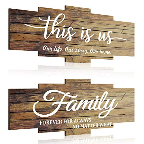 Jetec 2 Pieces This is us Wood Sign Family Wall Decor, Hanging Wooden Home Sign, Rustic Wood Wall Sign Decoration Wooden Wall Art Sign for Bedroom, Wall Decor for Living Room Kitchen