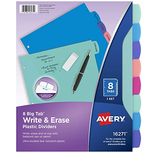 Avery Durable Plastic 8-Tab Write  and  Erase Big Tab Dividers for 3 Ring Binders, Pastel Brights -16271-