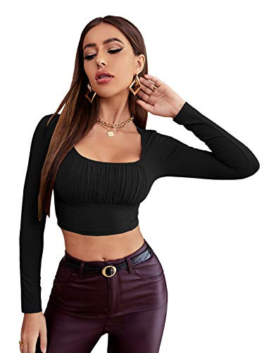 Verdusa Women's Ruched Ribbed Square Neck Long Sleeve Crop Tee Shirt Top Black L