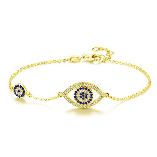 TONGZHE Blue Evil Eyes Link Bracelet Sterling Silver 925 Cubic Zirconia Chain Adjustable 7"-18K Gold-