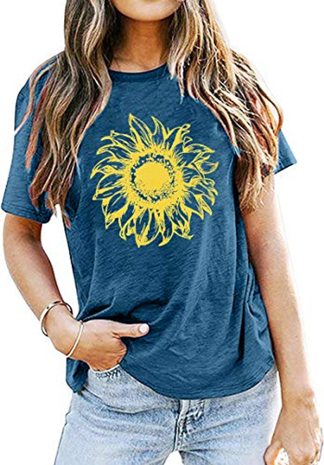 Sunflower Shirt Women Flower Graphic Inspirational Tees Summer Short Sleeve Casual Tshirt Faith Shirt Top -M, Blue-