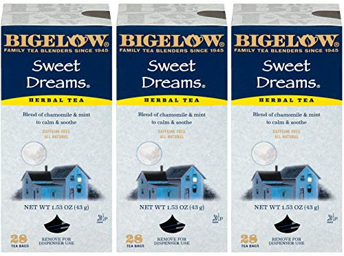 Bigelow Sweet Dreams Herbal Tea 28-Count Box -Pack of 3- Relaxing Blend of Chamomile and Mint Caffeine-Free Nighttime Herbal Tea in Individual Foil-Wrapped Bags Bigelow Sweet Dreams Herbal Tea 28-Count Box -Pack of 3- Relaxing Blend of Chamomile and Mint Caffeine-Free Nighttime Herbal Tea in Individual Foil-Wrapped Bags
