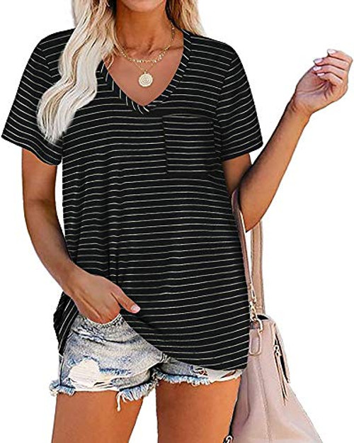 Miladusa Women's Short Sleeve T-Shirts Striped V Neck Tops Casual Loose Summer Tees Blouses with Pockets Black Miladusa Women's Short Sleeve T-Shirts Striped V Neck Tops Casual Loose Summer Tees Blouses with Pockets Black