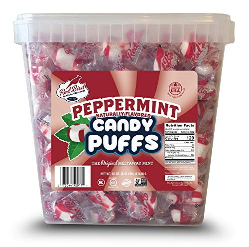 Red Bird Soft Peppermint Candy Puffs 52 oz Tub w/Handle; Mints are Individually Wrapped, Gluten Free, Kosher, Free from Top 8 Allergens, Made with 100 percent Pure Cane Sugar