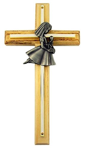 Girls First Communion Oak Wood and Brass Wall Cross with Fine Pewter Casting, 8 Inch