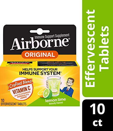Airborne Lemon Lime Effervescent Tablets, 10 count - 1000mg of Vitamin C - Immune Support Supplement -Pack of 2-